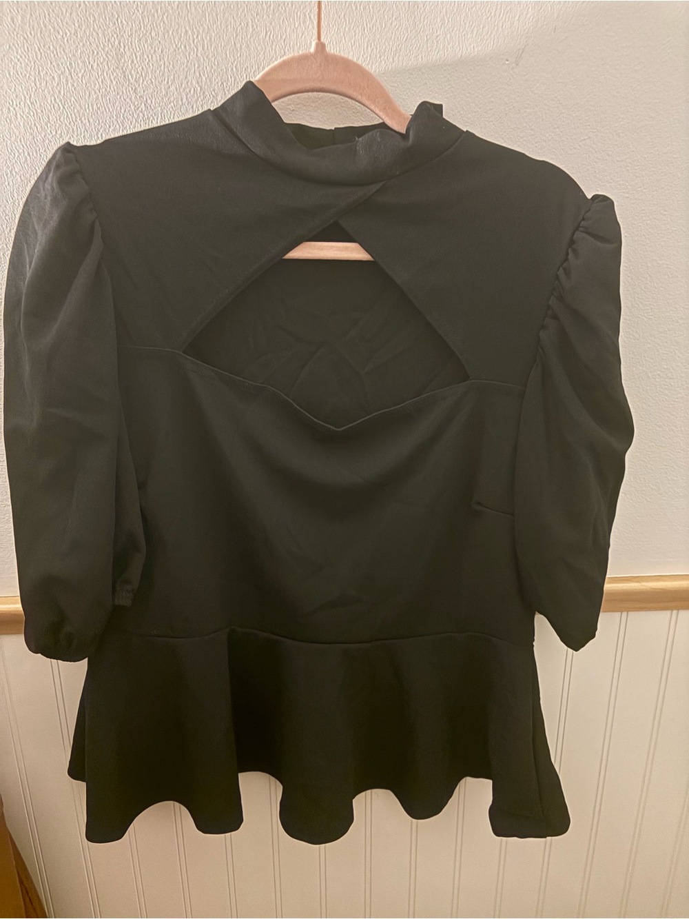 Boohoo US 12 Black Cutout Puff Sleeve High Neck Peplum Top